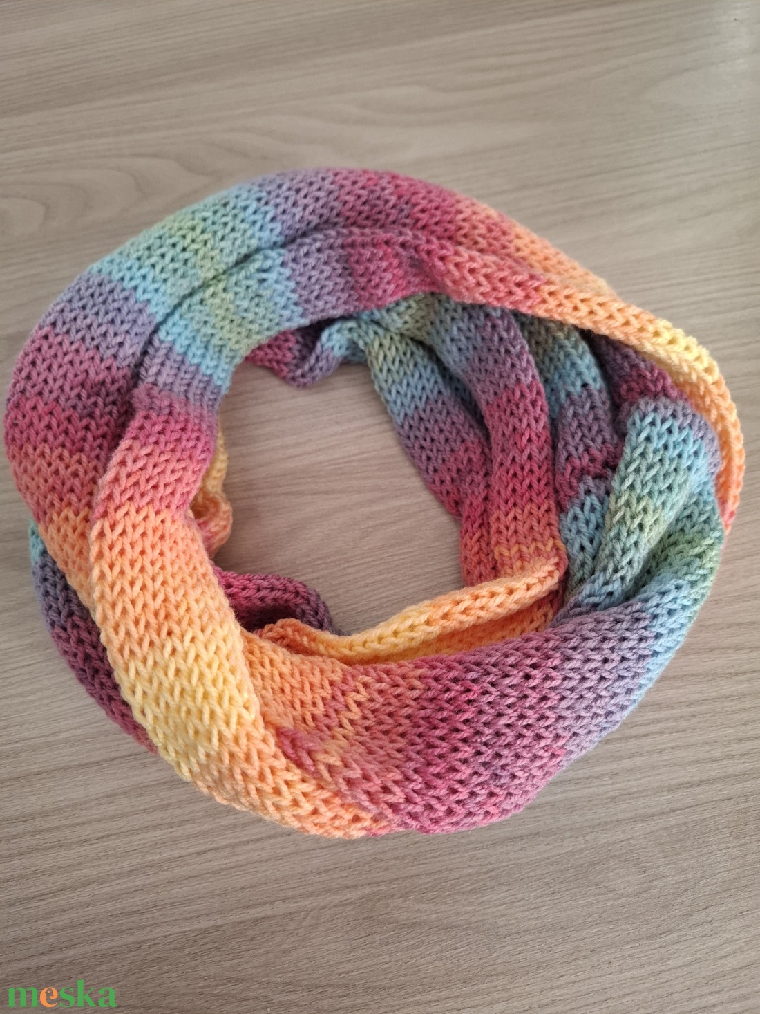 Kötött csősál batikolt fonalból - naplemente (kékes és narancsos árnyalatok) - ruha & divat - sál, sapka, kendő - sál - Meska.hu