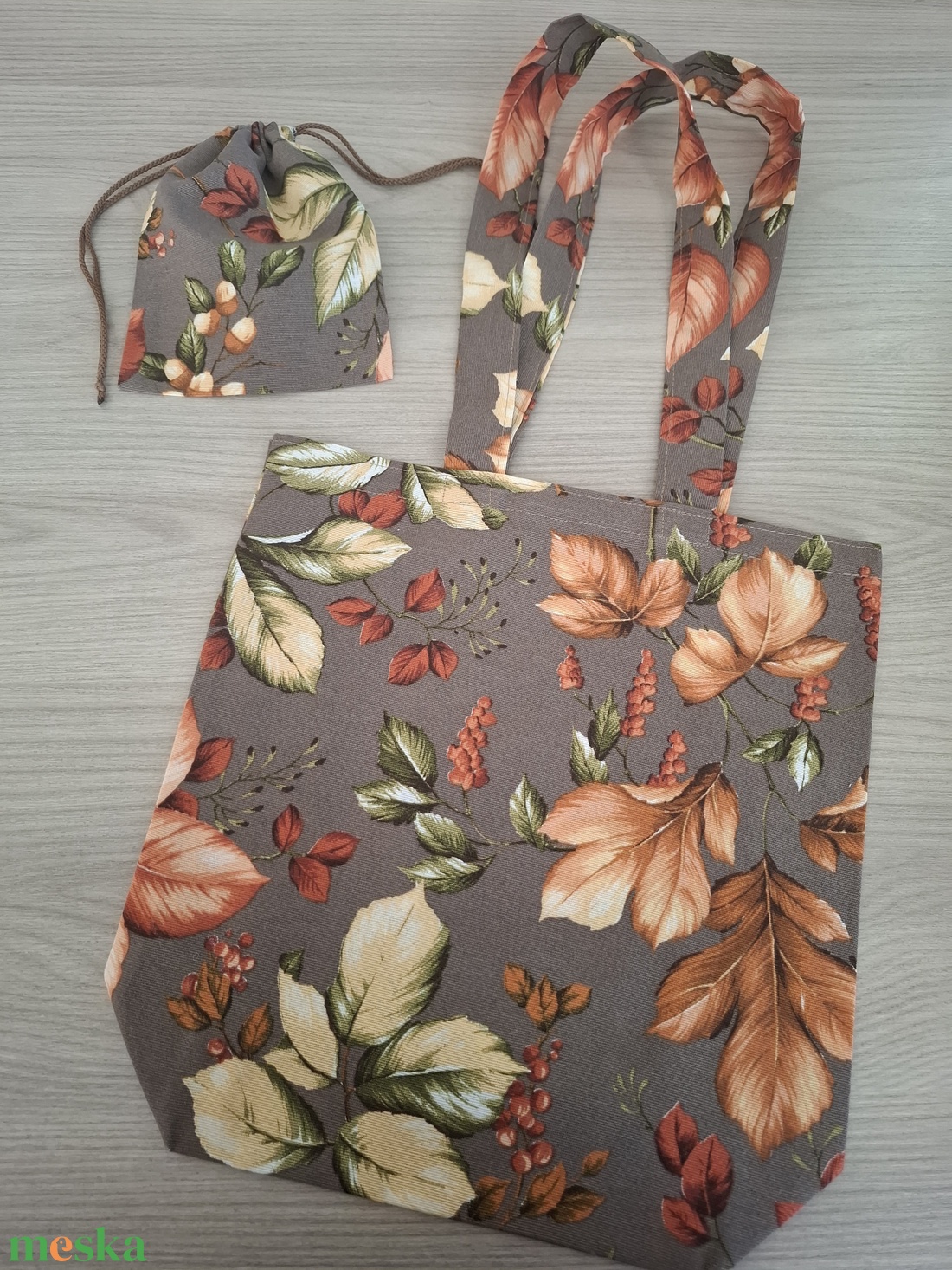 Őszi szatyor és zsákocska szett - barna levelek - táska & tok - bevásárlás & shopper táska - shopper, textiltáska, szatyor - Meska.hu