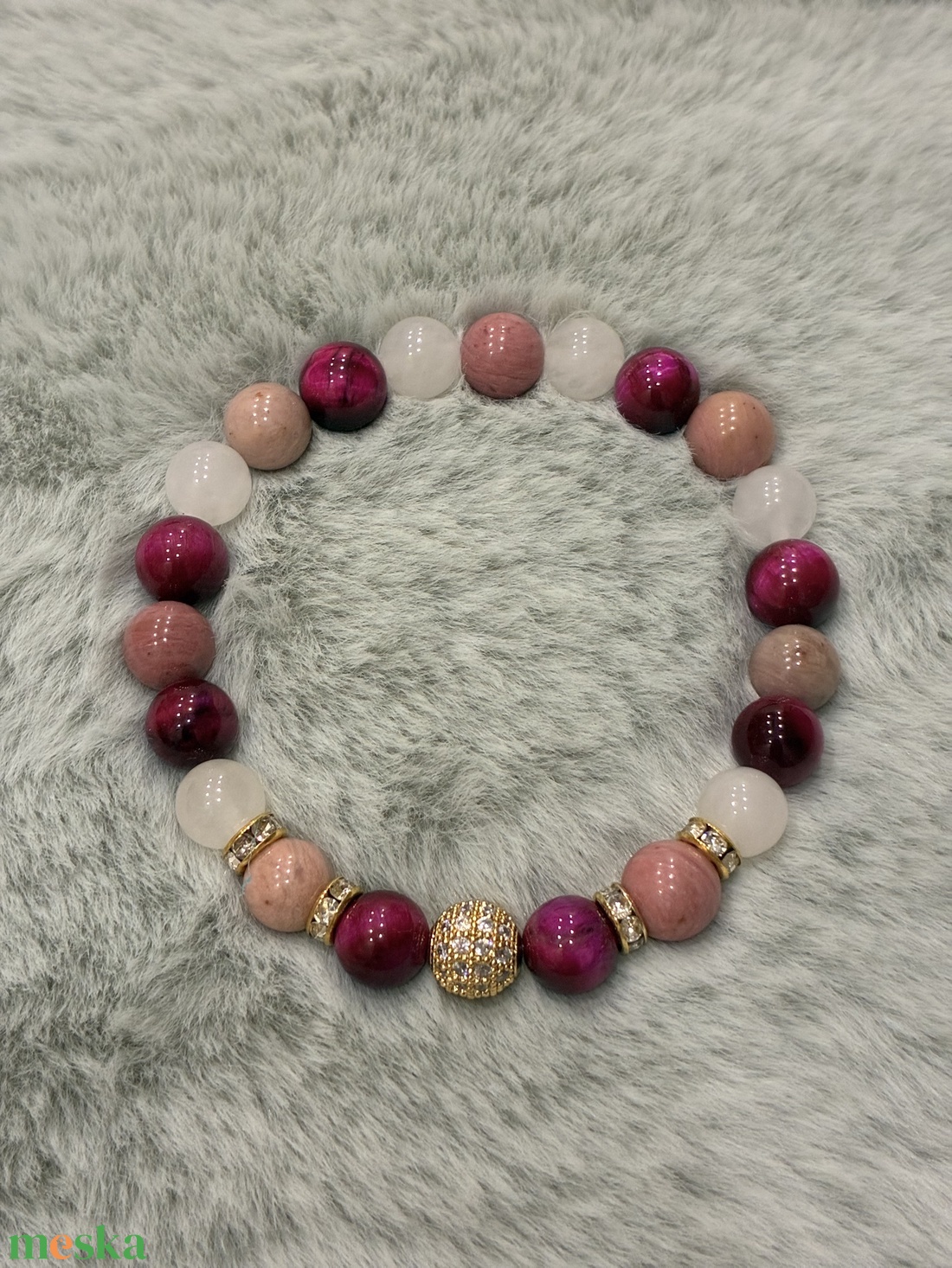 Tigrisszem-kalcedon-rodinit ásvány karkötő - ékszer - karkötő - ásványkarkötő - Meska.hu