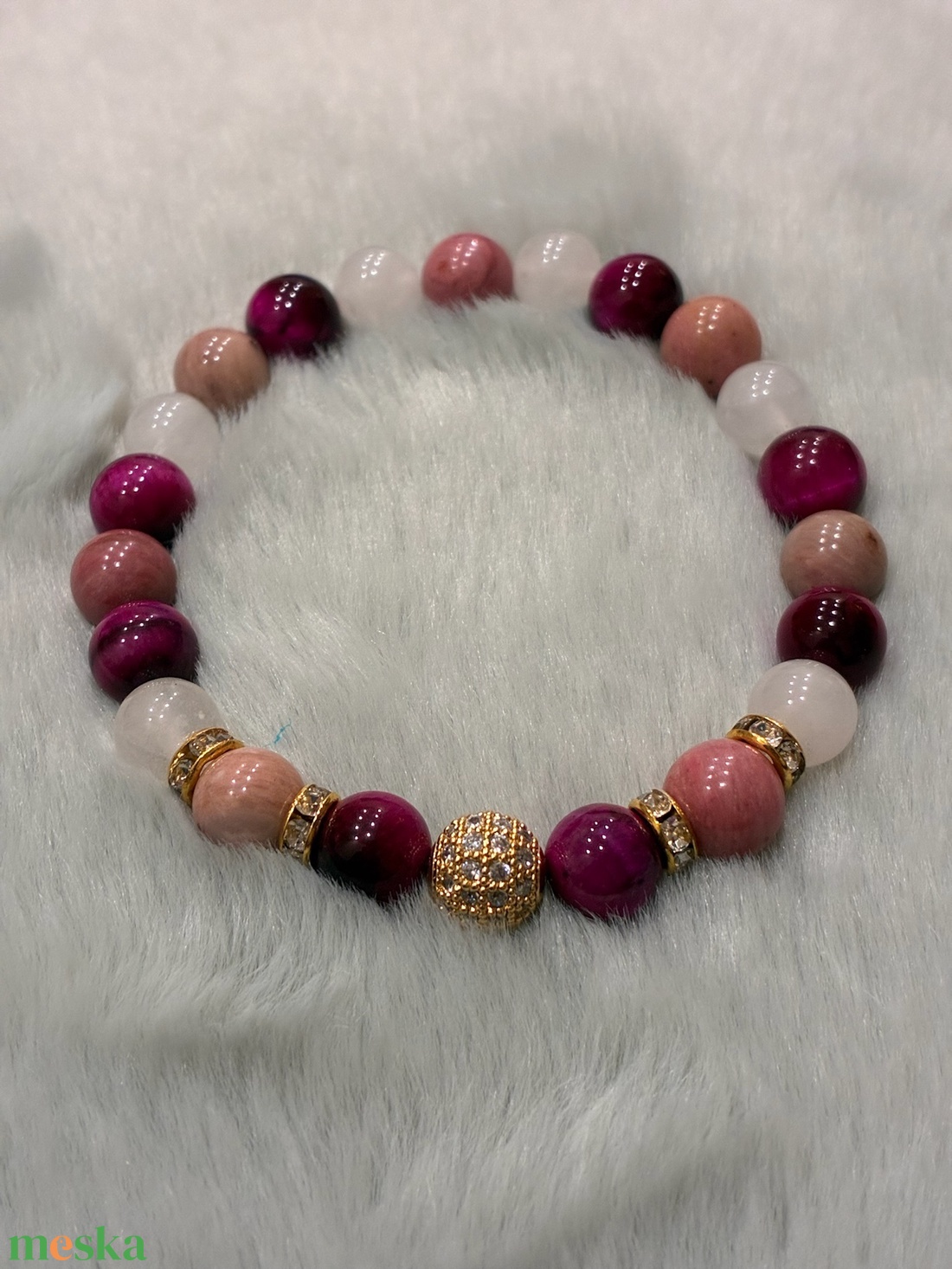 Tigrisszem-kalcedon-rodinit ásvány karkötő - ékszer - karkötő - ásványkarkötő - Meska.hu