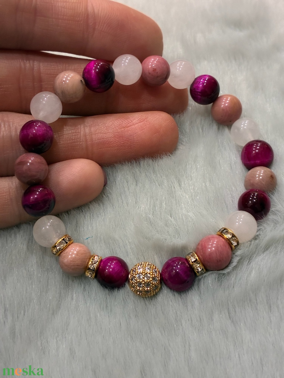 Tigrisszem-kalcedon-rodinit ásvány karkötő - ékszer - karkötő - ásványkarkötő - Meska.hu