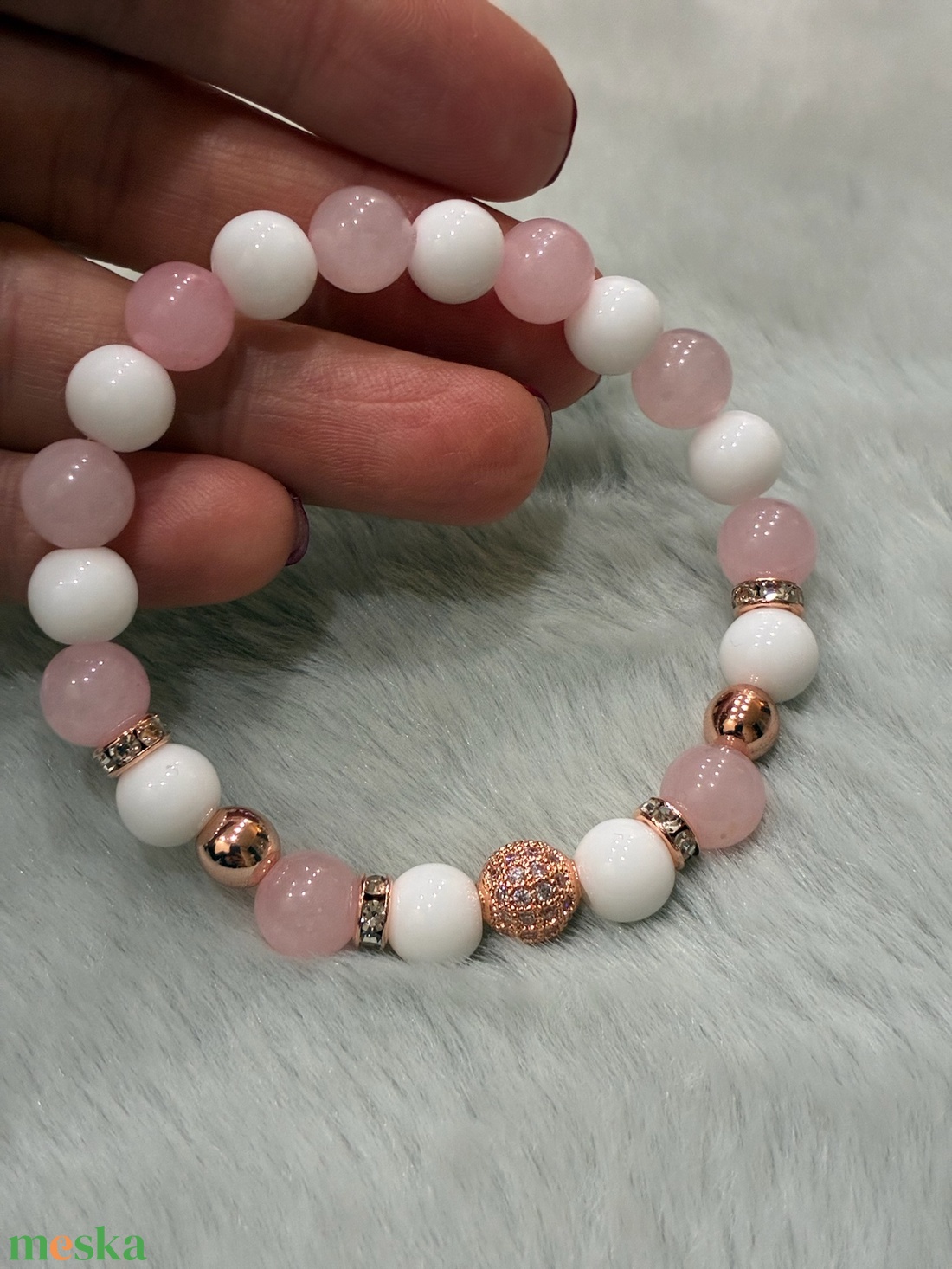 Rózsakvarc-achát ásvány karkötő - ékszer - karkötő - ásványkarkötő - Meska.hu