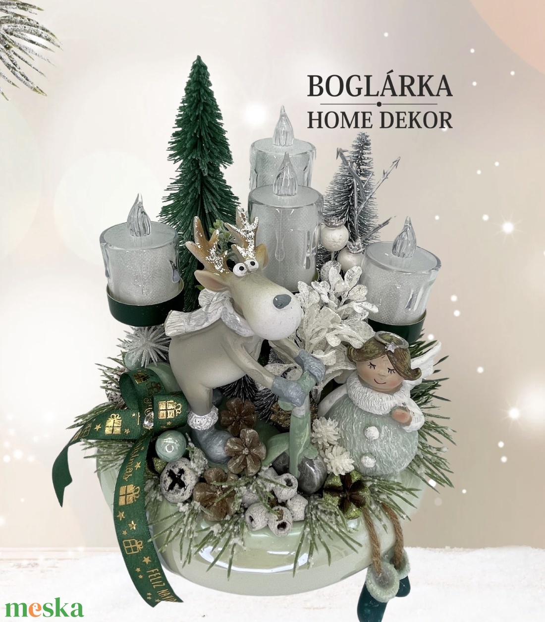 Zöld rénszarvas karácsonyi asztaldísz ledekkel - karácsony - adventi díszek - adventi ablakdekoráció - Meska.hu