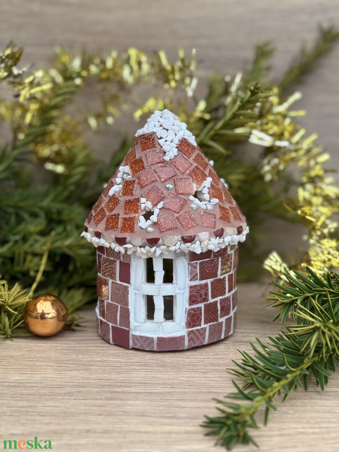 Mozaik mécses tartó házikó, mézszínű - karácsony - adventi díszek - adventi ablakdekoráció - Meska.hu
