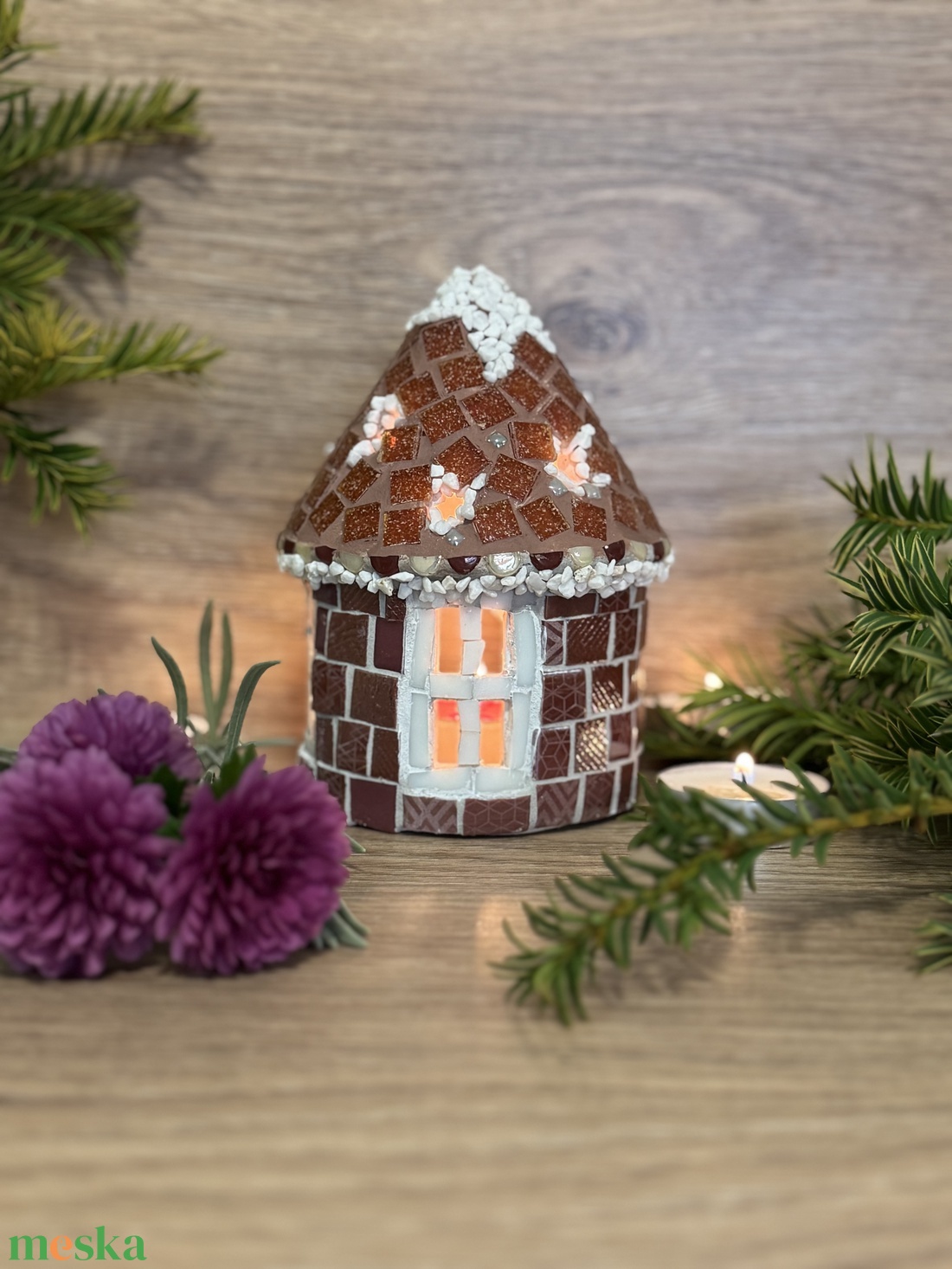 Mozaik mécses tartó házikó, mézszínű - karácsony - adventi díszek - adventi ablakdekoráció - Meska.hu