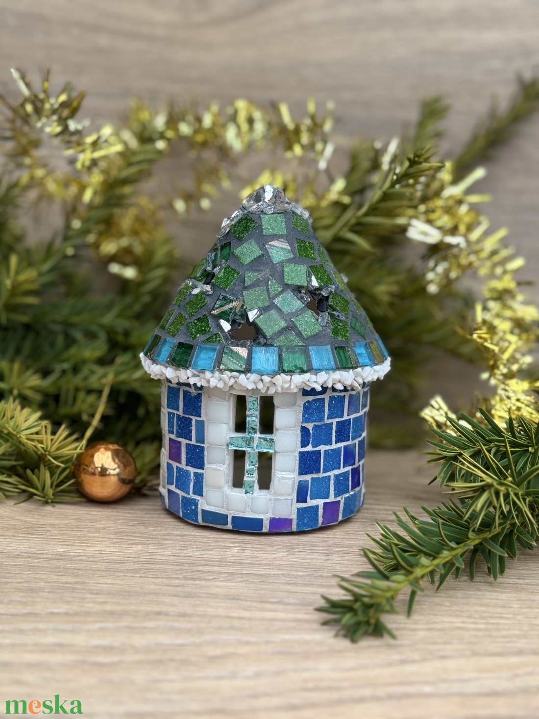 Mozaik mécses tartó házikó, kék - karácsony - adventi díszek - adventi ablakdekoráció - Meska.hu