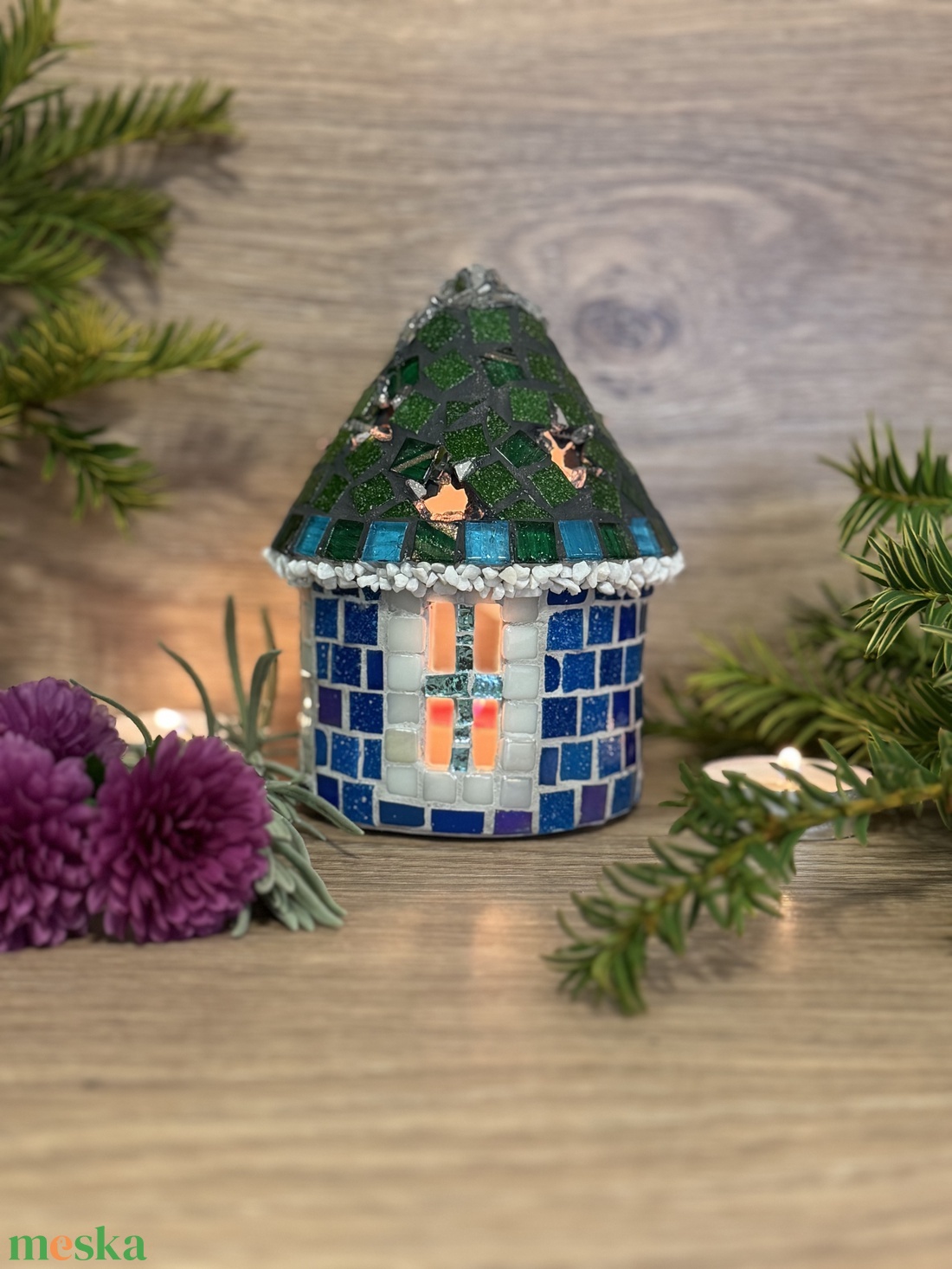 Mozaik mécses tartó házikó, kék - karácsony - adventi díszek - adventi ablakdekoráció - Meska.hu