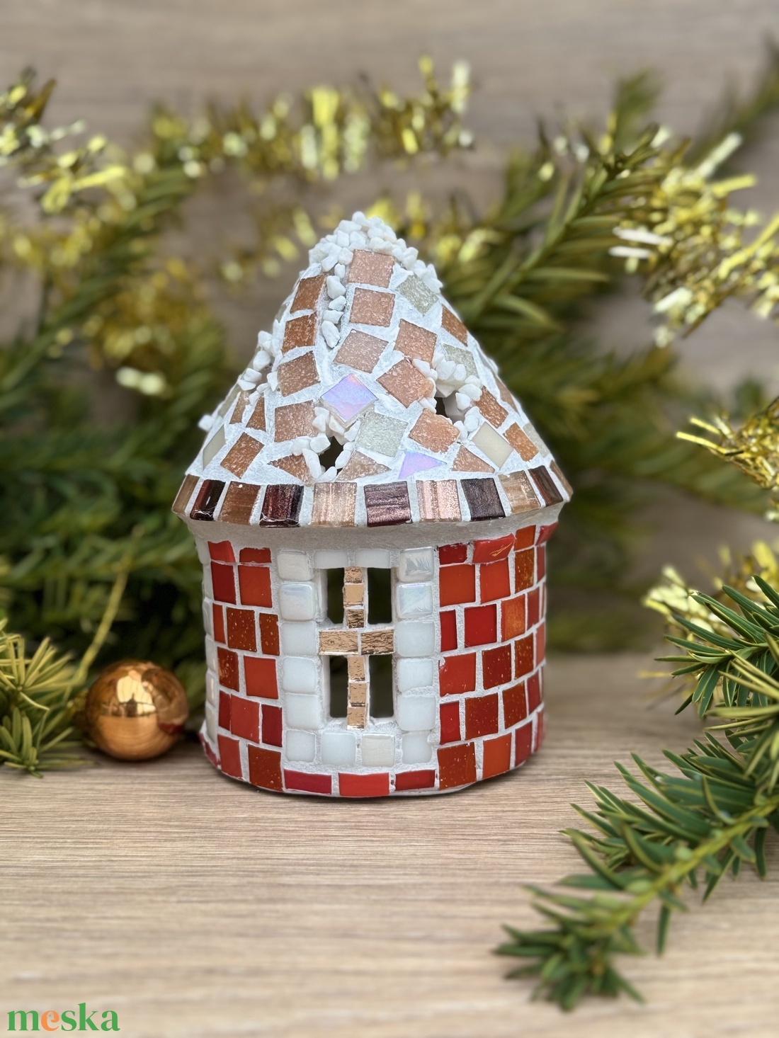 Mozaik mécses tartó házikó, piros - karácsony - adventi díszek - adventi ablakdekoráció - Meska.hu