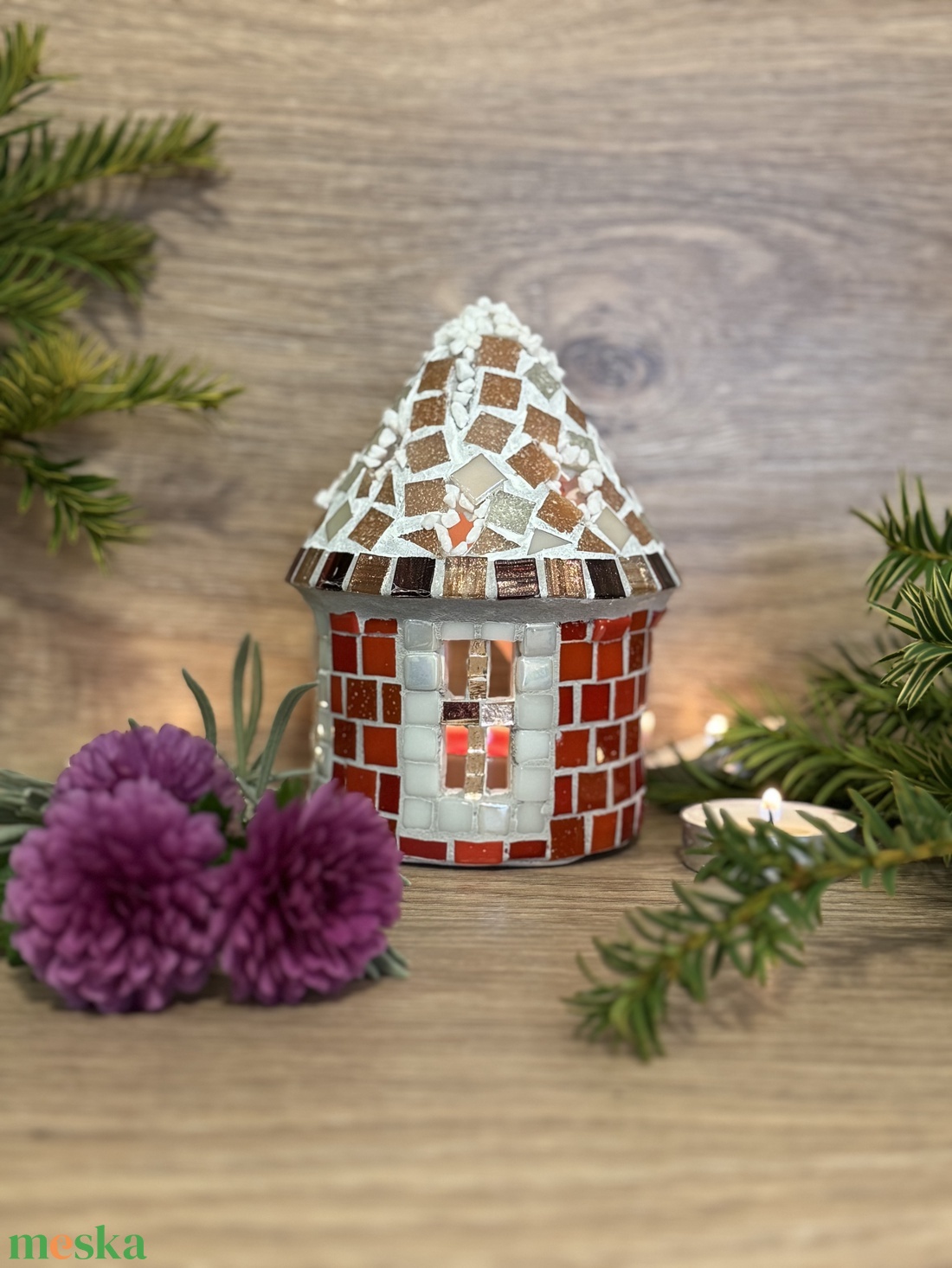 Mozaik mécses tartó házikó, piros - karácsony - adventi díszek - adventi ablakdekoráció - Meska.hu