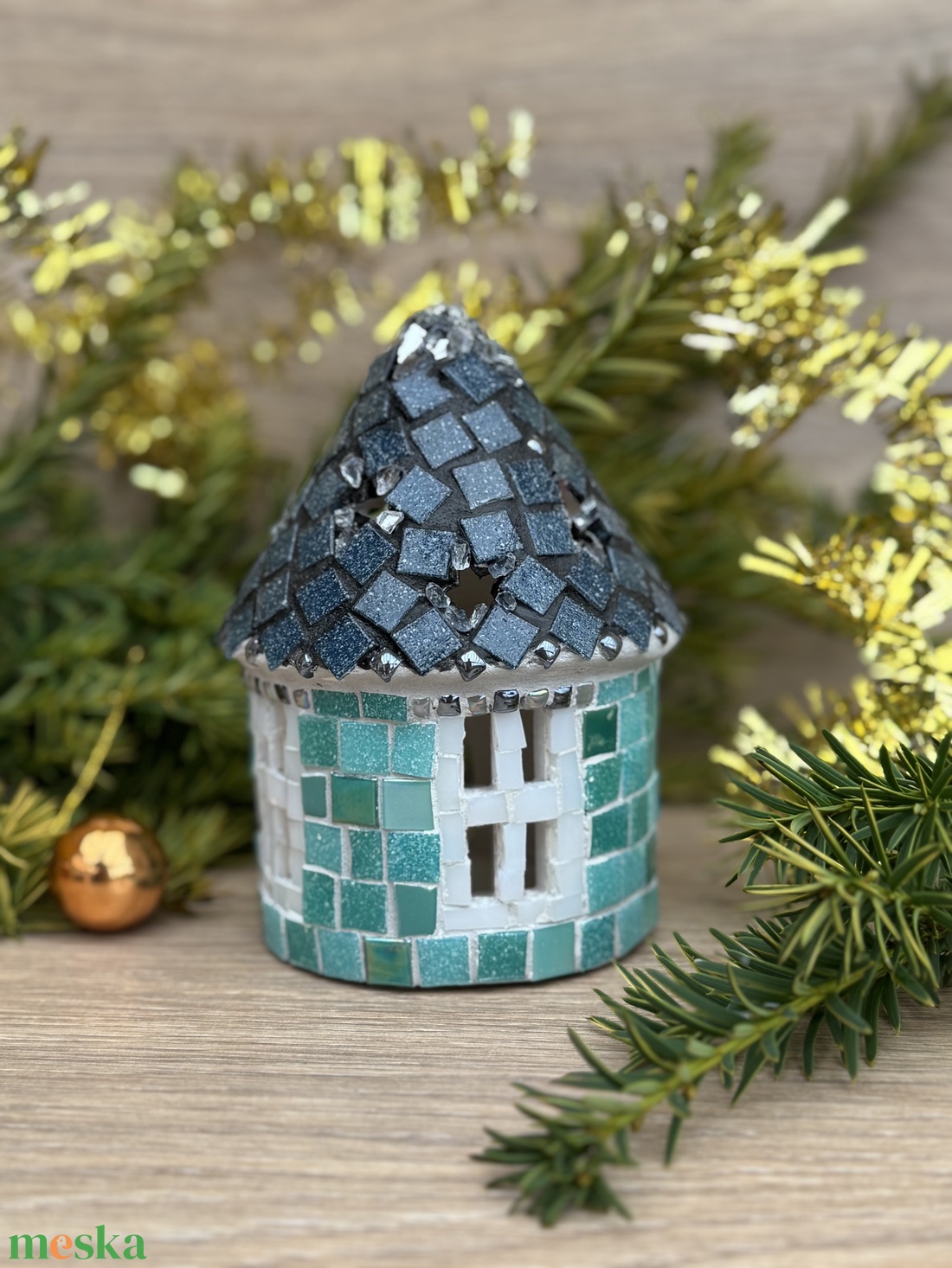 Mozaik mécses tartó házikó, türkíz - karácsony - adventi díszek - adventi ablakdekoráció - Meska.hu