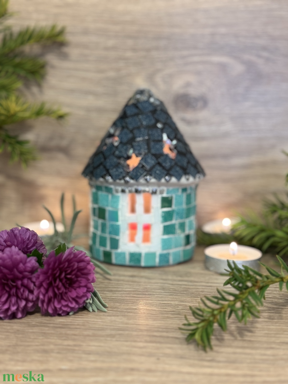 Mozaik mécses tartó házikó, türkíz - karácsony - adventi díszek - adventi ablakdekoráció - Meska.hu