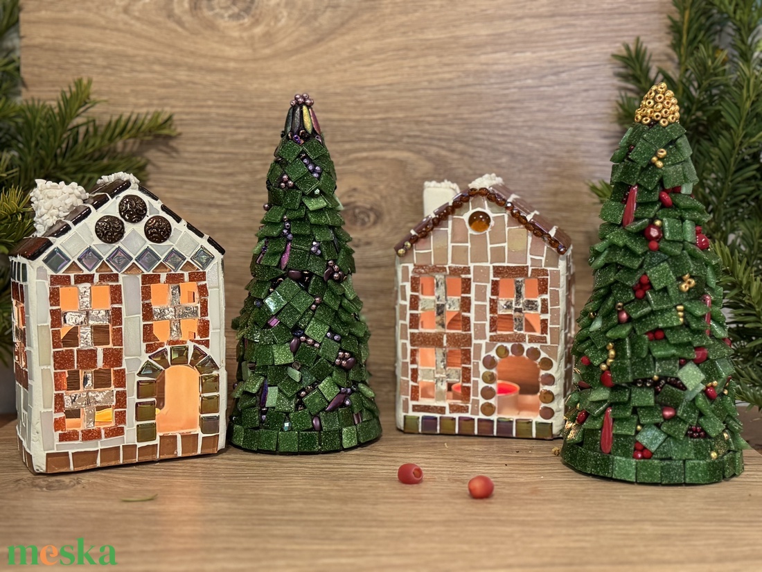Mozaik mécses tartó házikó, barna - karácsony - adventi díszek - adventi ablakdekoráció - Meska.hu