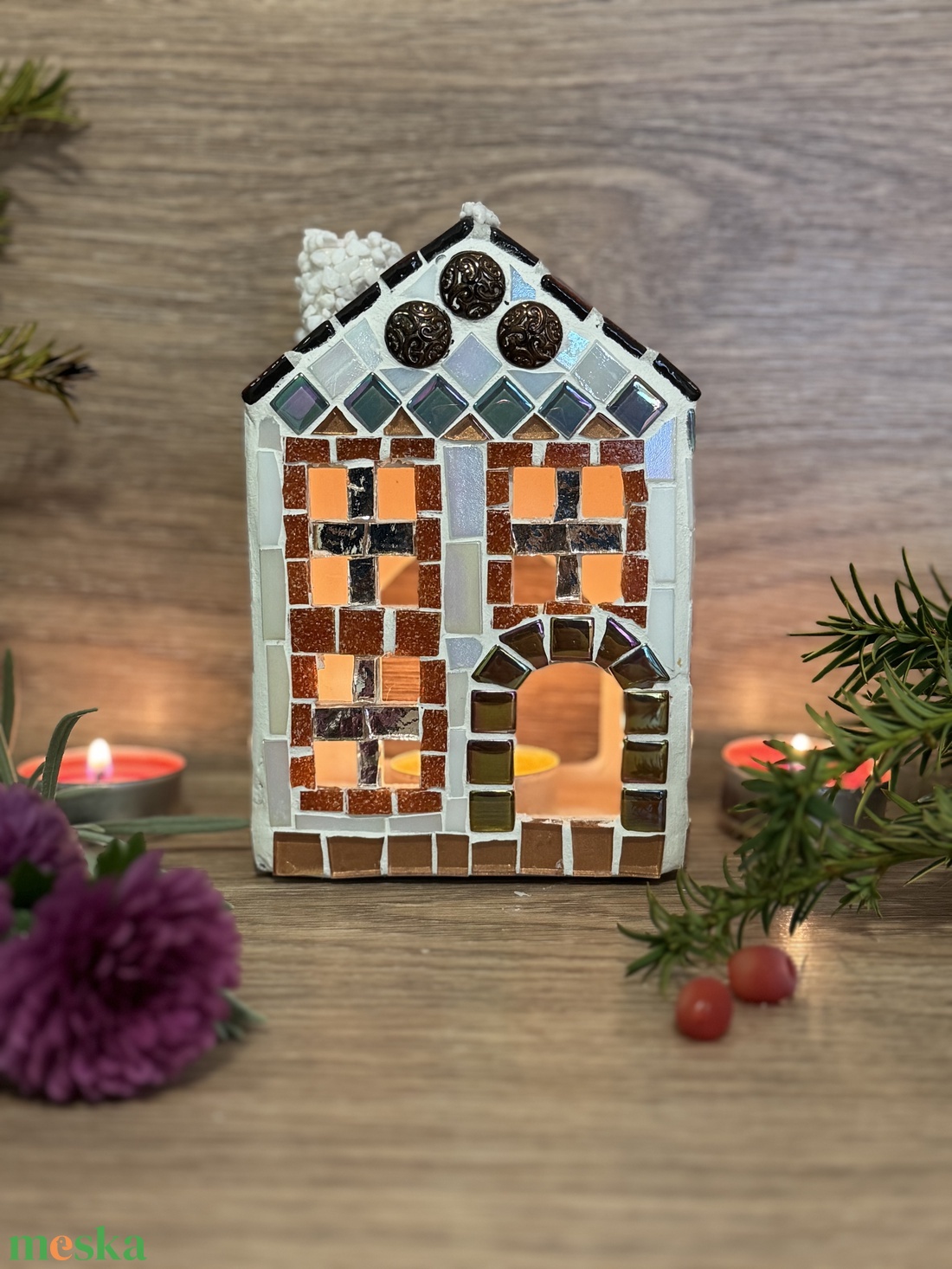 Mozaik mécses tartó házikó, barna - karácsony - adventi díszek - adventi ablakdekoráció - Meska.hu