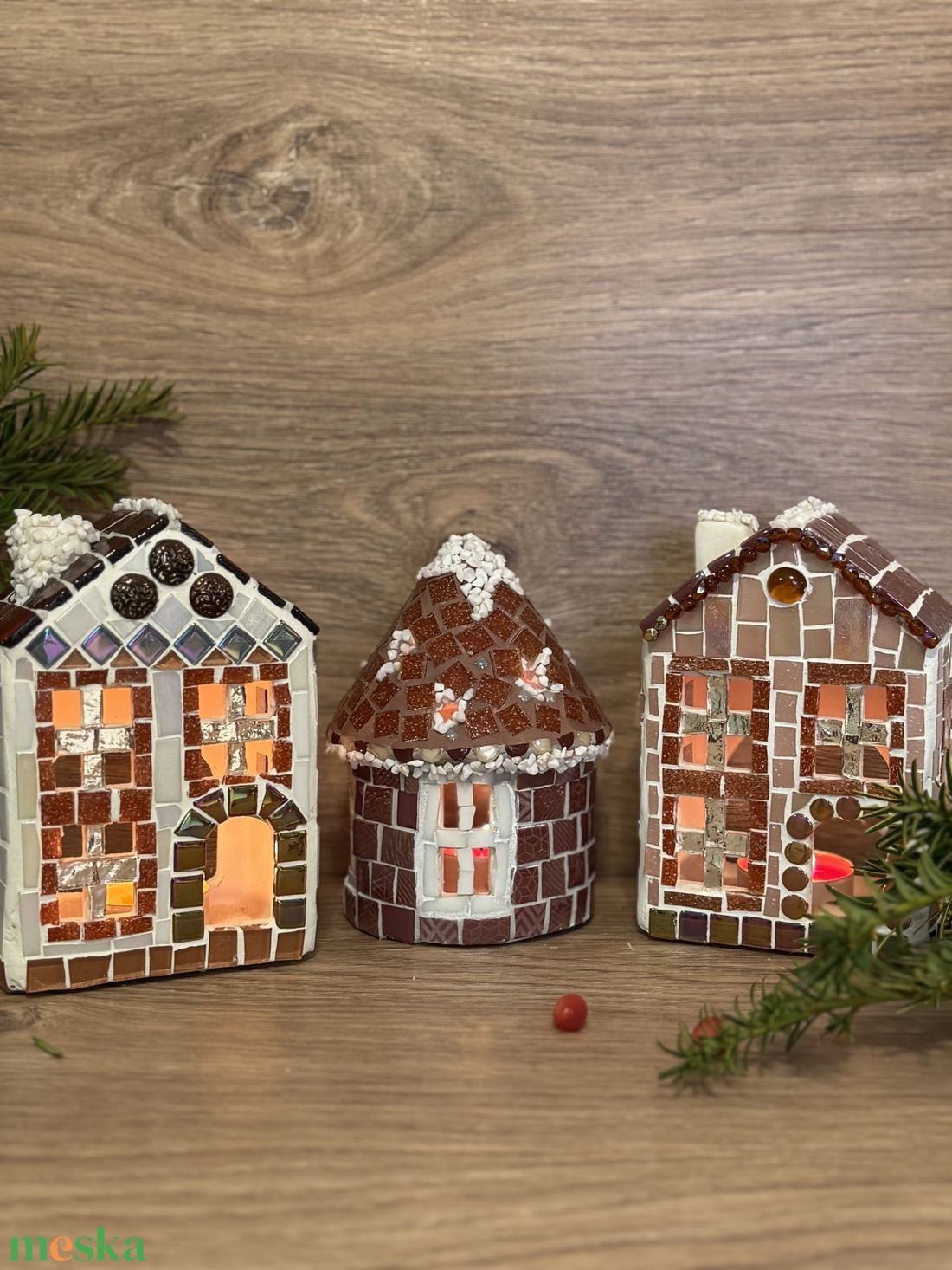 Mozaik mécses tartó házikó, barna - karácsony - adventi díszek - adventi ablakdekoráció - Meska.hu