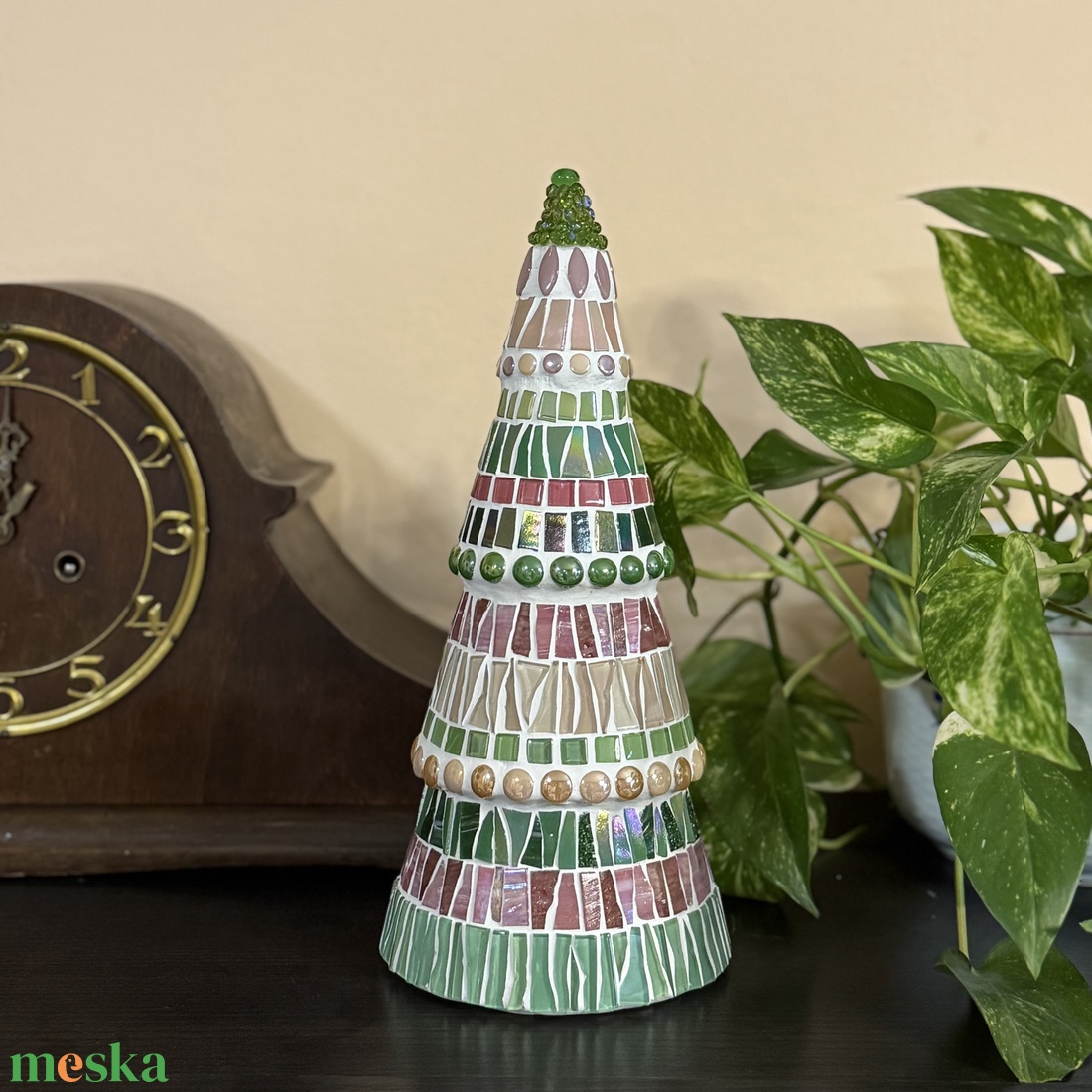 Nagy mozaik fenyő, zöld-rózsaszín - karácsony - adventi díszek - adventi ablakdekoráció - Meska.hu