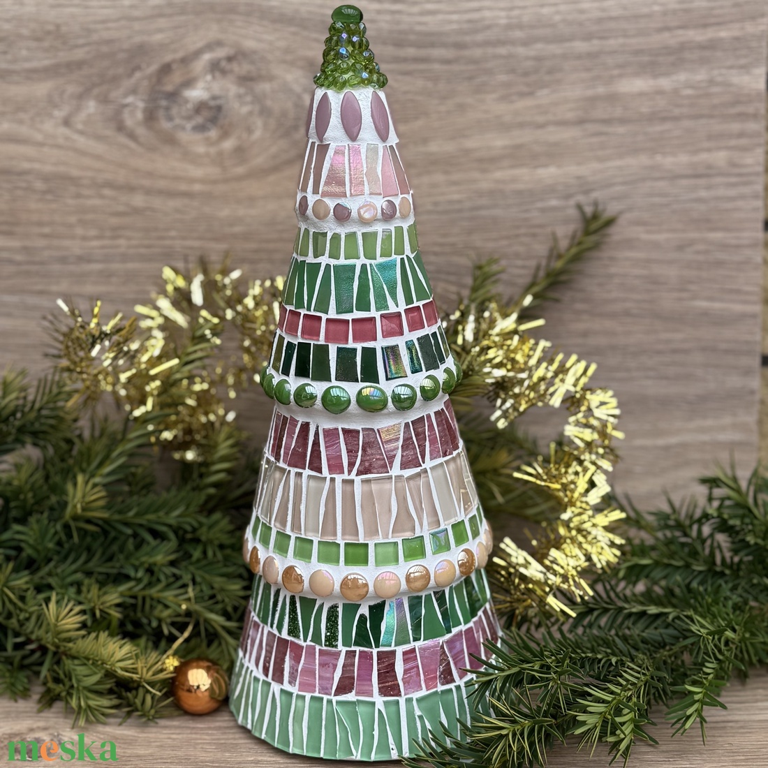 Nagy mozaik fenyő, zöld-rózsaszín - karácsony - adventi díszek - adventi ablakdekoráció - Meska.hu