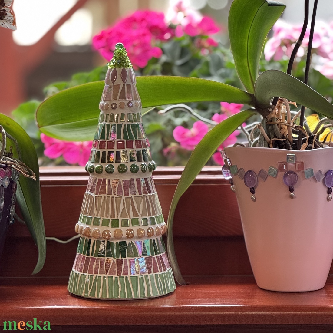 Nagy mozaik fenyő, zöld-rózsaszín - karácsony - adventi díszek - adventi ablakdekoráció - Meska.hu