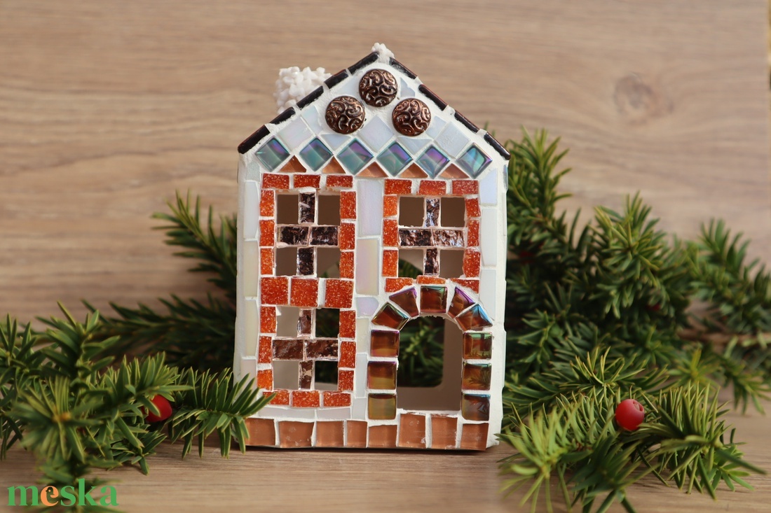 Mozaik mécses tartó házikó, barna - karácsony - adventi díszek - adventi ablakdekoráció - Meska.hu