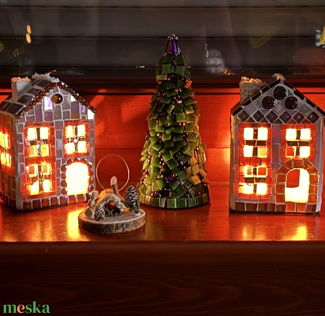 Mozaik mécses tartó házikó, barna - karácsony - adventi díszek - adventi ablakdekoráció - Meska.hu