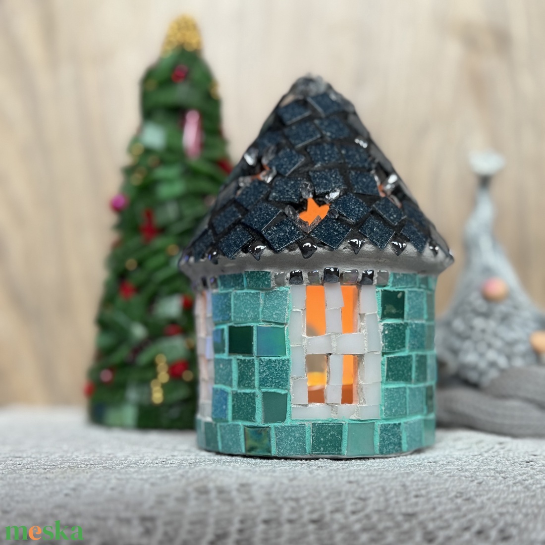 Mozaik mécses tartó házikó, türkíz - karácsony - adventi díszek - adventi ablakdekoráció - Meska.hu