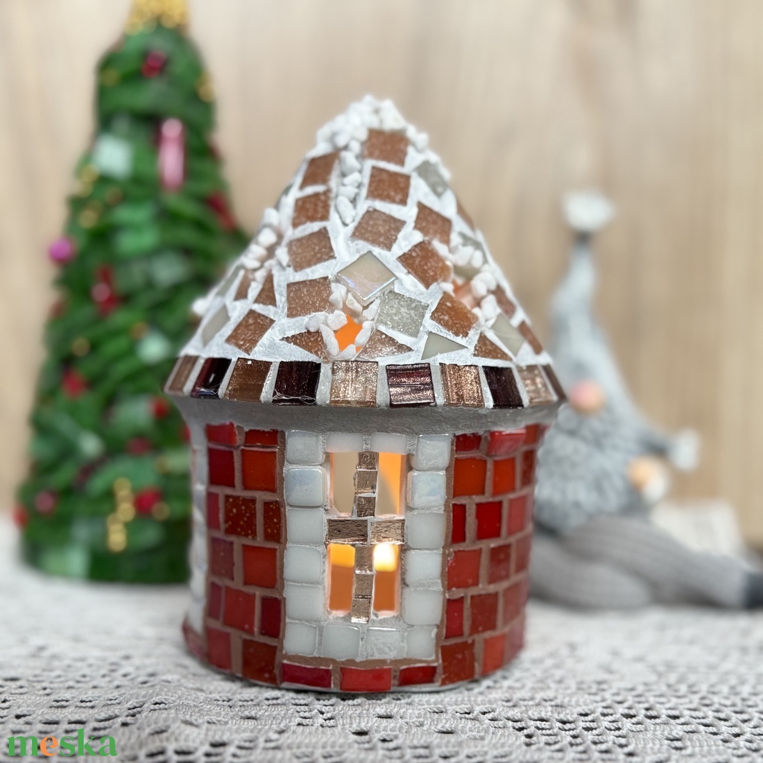 Mozaik mécses tartó házikó, piros - karácsony - adventi díszek - adventi ablakdekoráció - Meska.hu