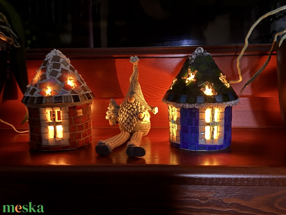 Mozaik mécses tartó házikó, piros - karácsony - adventi díszek - adventi ablakdekoráció - Meska.hu