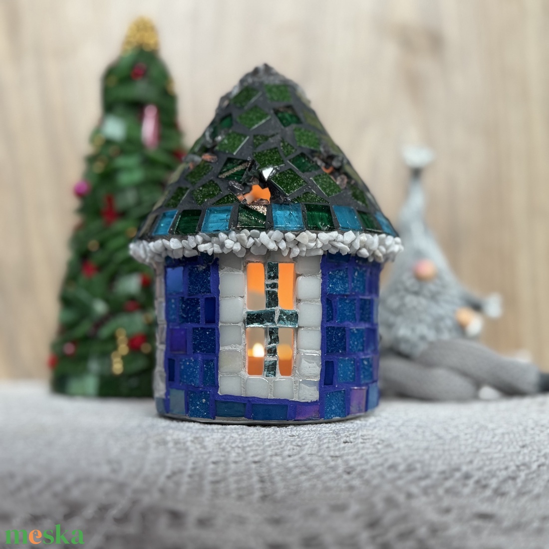 Mozaik mécses tartó házikó, kék - karácsony - adventi díszek - adventi ablakdekoráció - Meska.hu