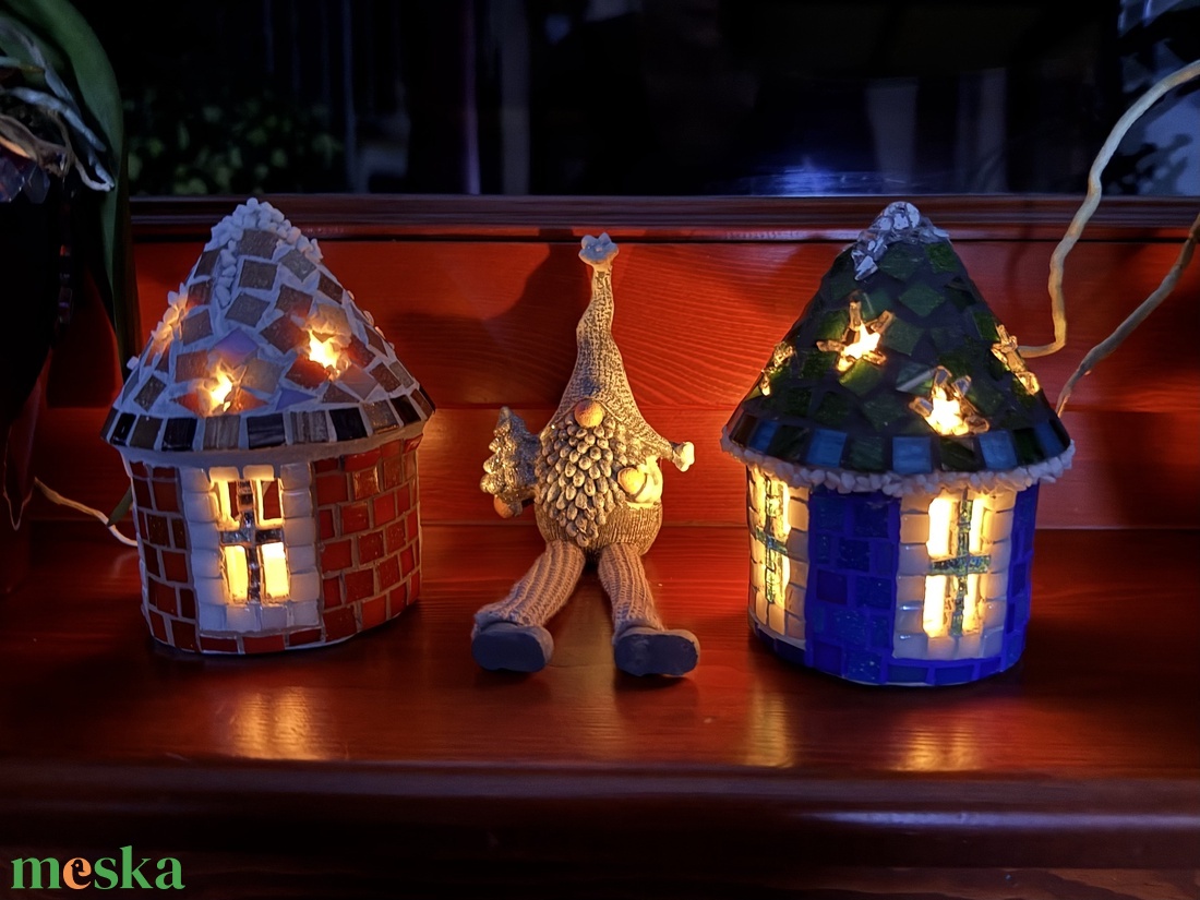 Mozaik mécses tartó házikó, kék - karácsony - adventi díszek - adventi ablakdekoráció - Meska.hu