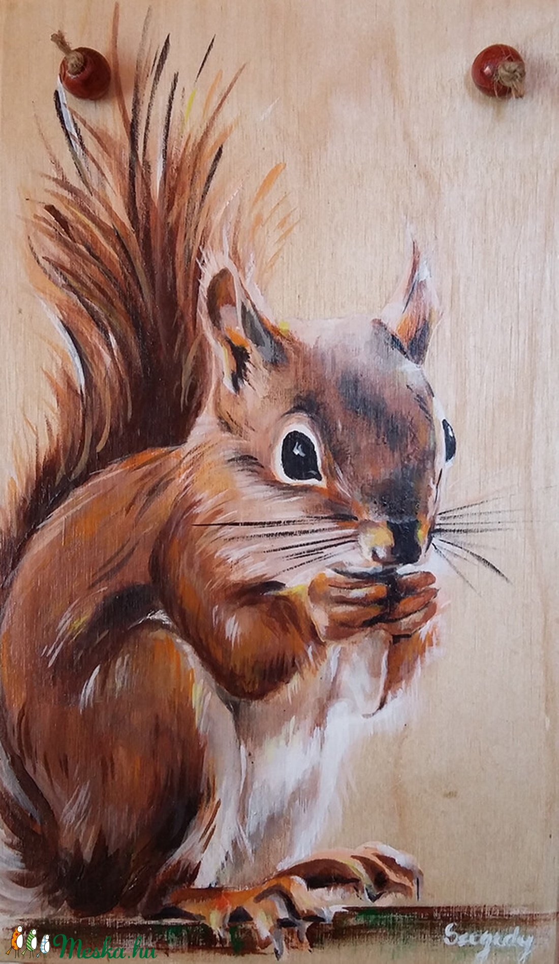 Erdei mókus  - akril festmény rétegelt lemezre fagyöngyös akasztóval -  - Meska.hu