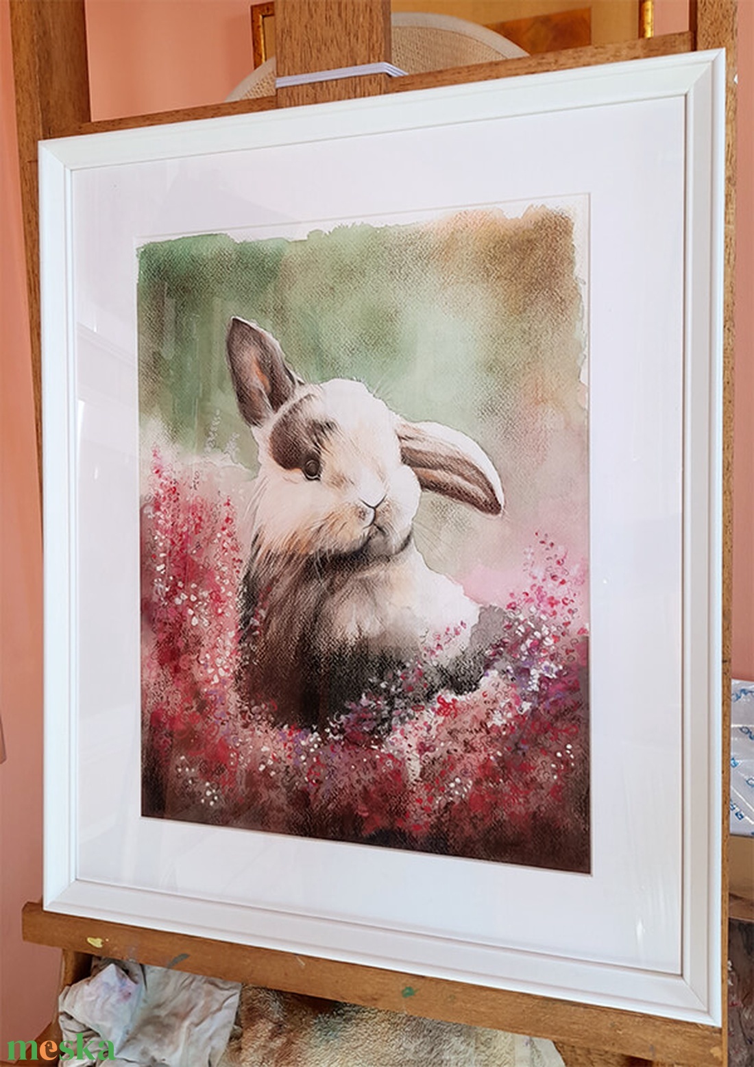 Mezei nyuszi - vegyes technikával készült bohó kép 31x41 cm méretben, kerettel együtt - művészet - festmény - festmény vegyes technika - Meska.hu