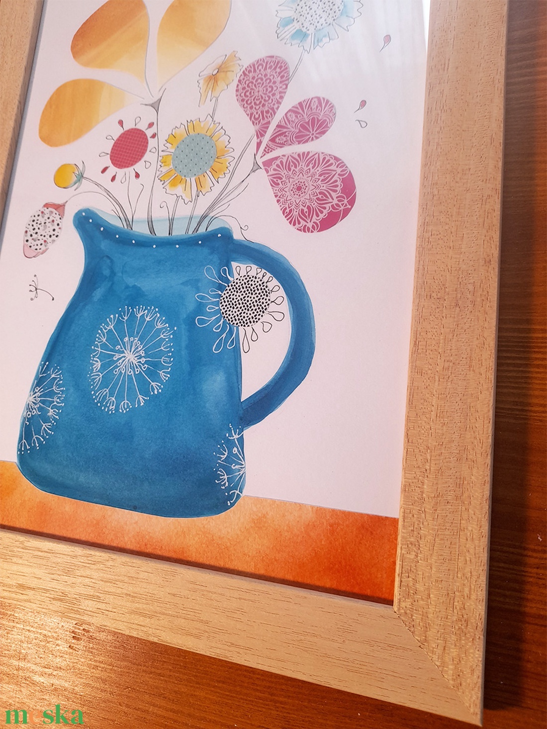 Egy kancsó virág - kollázstechnikával készített mosolygós kép natúr fakeretben - művészet - festmény - festmény vegyes technika - Meska.hu