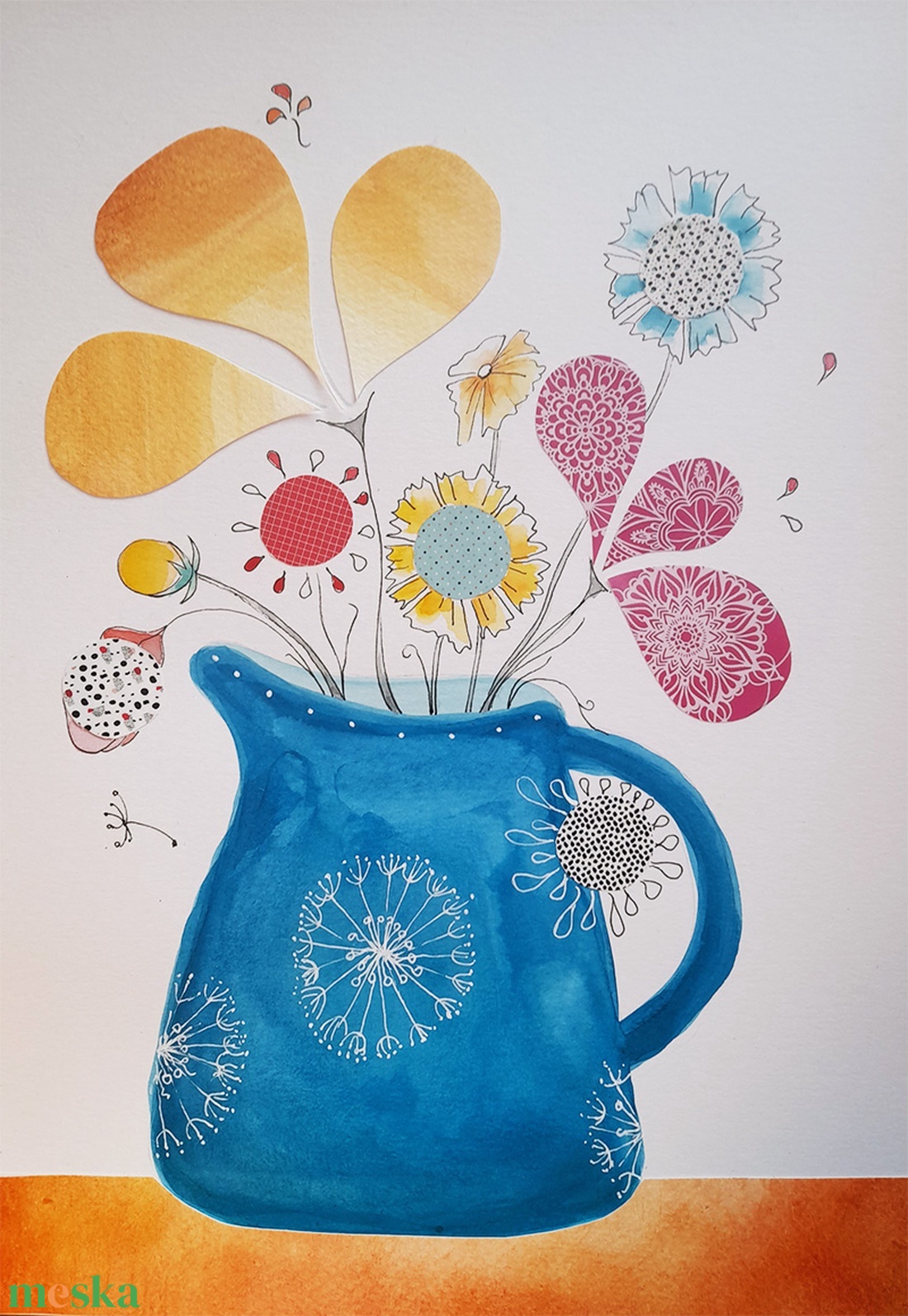 Egy kancsó virág - kollázstechnikával készített mosolygós kép natúr fakeretben - művészet - festmény - festmény vegyes technika - Meska.hu