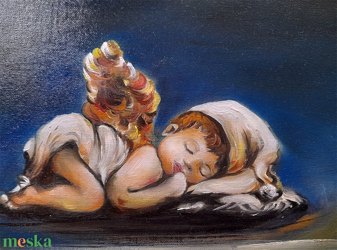 Édes szundi - olajfestmény vintage stílusú keretben - művészet - festmény - olajfestmény - Meska.hu