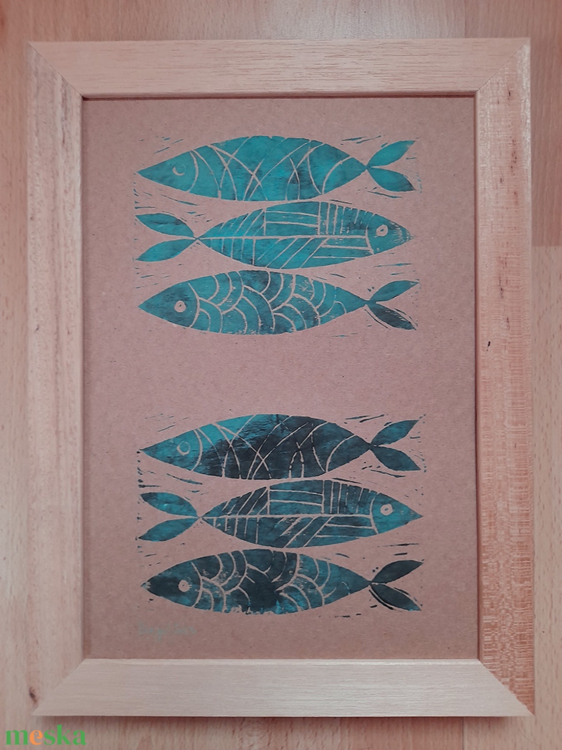 Türkiz halacskák - egyedi lenyomat barna papíron, natúr keretben - művészet - grafika & illusztráció - egyéb rajzok - Meska.hu