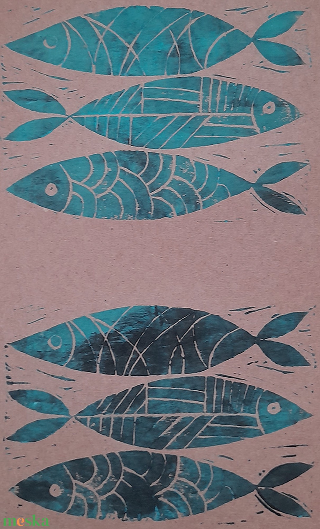 Türkiz halacskák - egyedi lenyomat barna papíron, natúr keretben - művészet - grafika & illusztráció - egyéb rajzok - Meska.hu