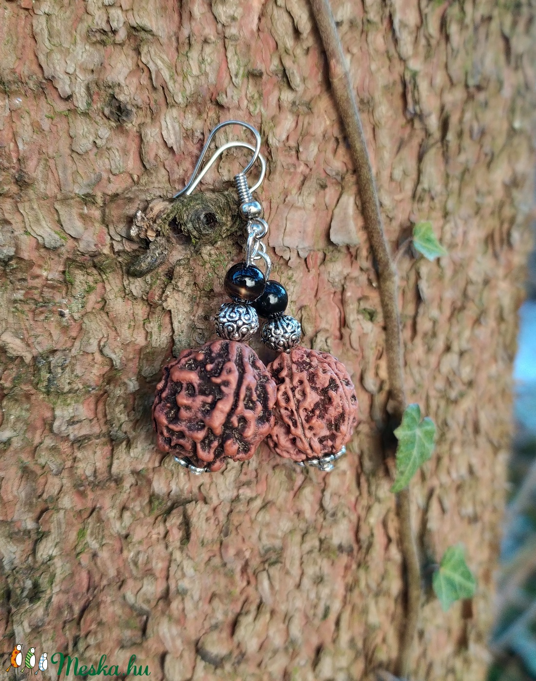 Indiai rudraksha fülbevaló onix gyönggyel -  - Meska.hu