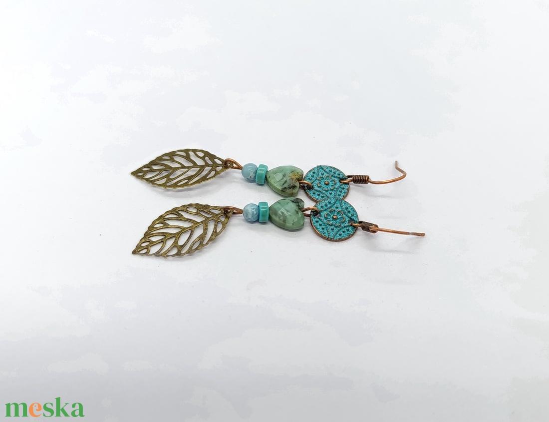 Türkiz-rózsaarany színű vintage stilusú fülbevaló  - ékszer - fülbevaló - lógó fülbevaló - Meska.hu