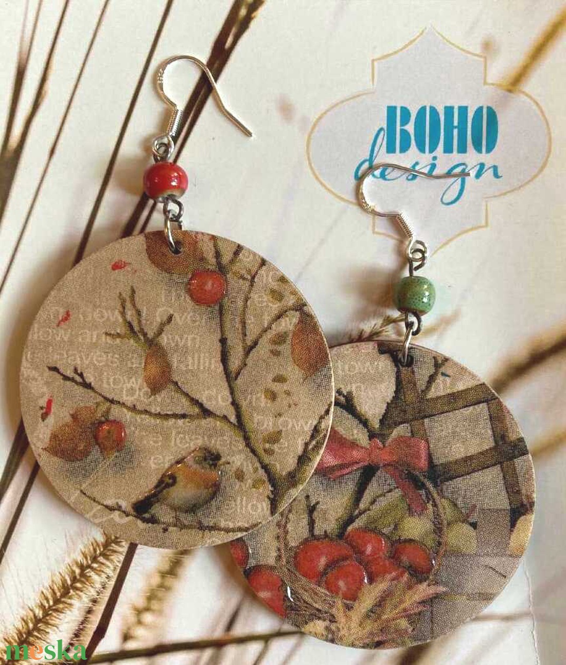 BOHOdesign aszimmetrikus fülbevaló - Alma és madár - ékszer - fülbevaló - lógós kerek fülbevaló - Meska.hu