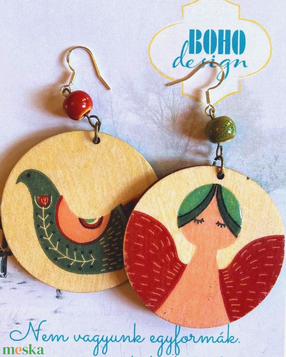 BOHOdesign aszimmetrikus fülbevaló - Angyal és madár - ékszer - fülbevaló - lógós kerek fülbevaló - Meska.hu