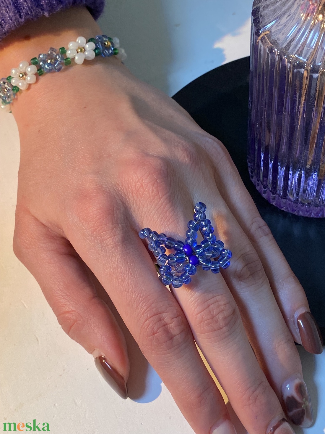 Kék pillangós gyűrű - ékszer - gyűrű - gyöngyös gyűrű - Meska.hu