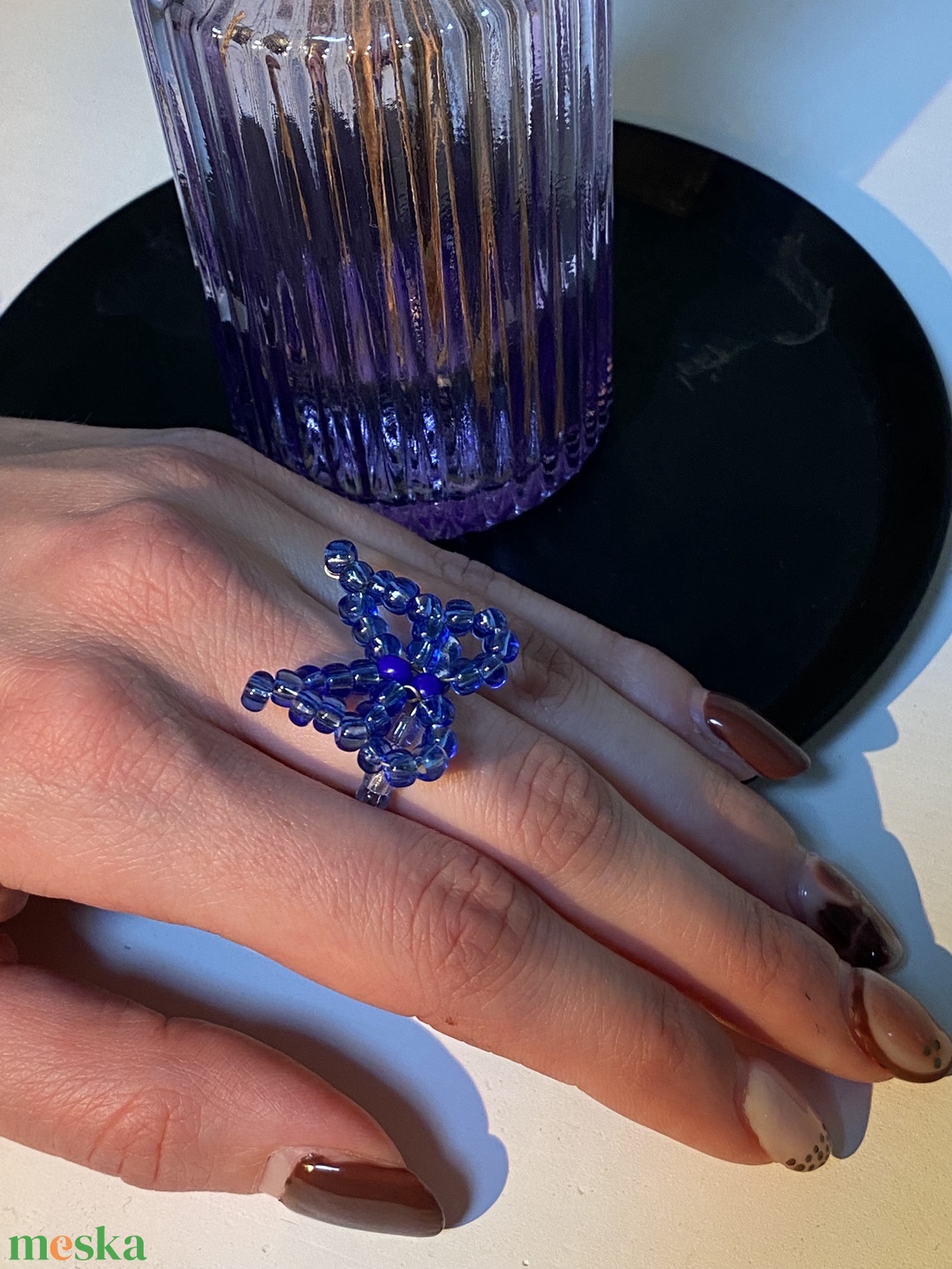 Kék pillangós gyűrű - ékszer - gyűrű - gyöngyös gyűrű - Meska.hu