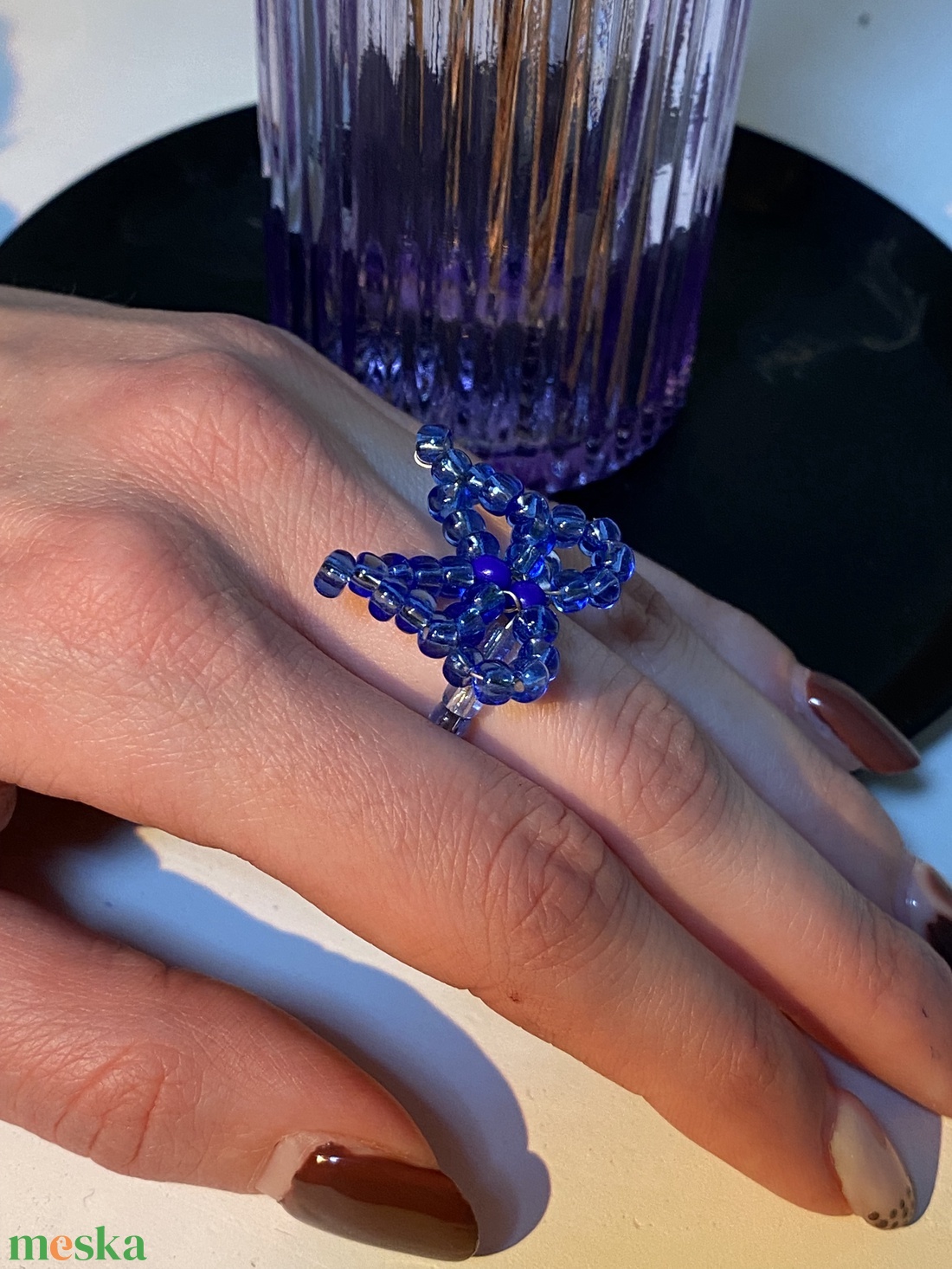 Kék pillangós gyűrű - ékszer - gyűrű - gyöngyös gyűrű - Meska.hu