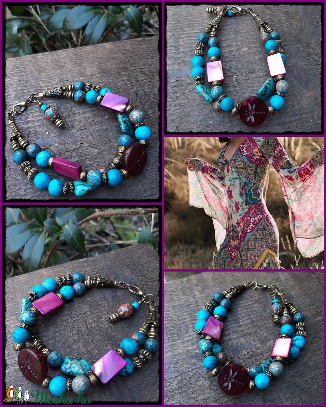 Lila-türkiz karkötő - ékszer - karkötő - gyöngyös karkötő - Meska.hu