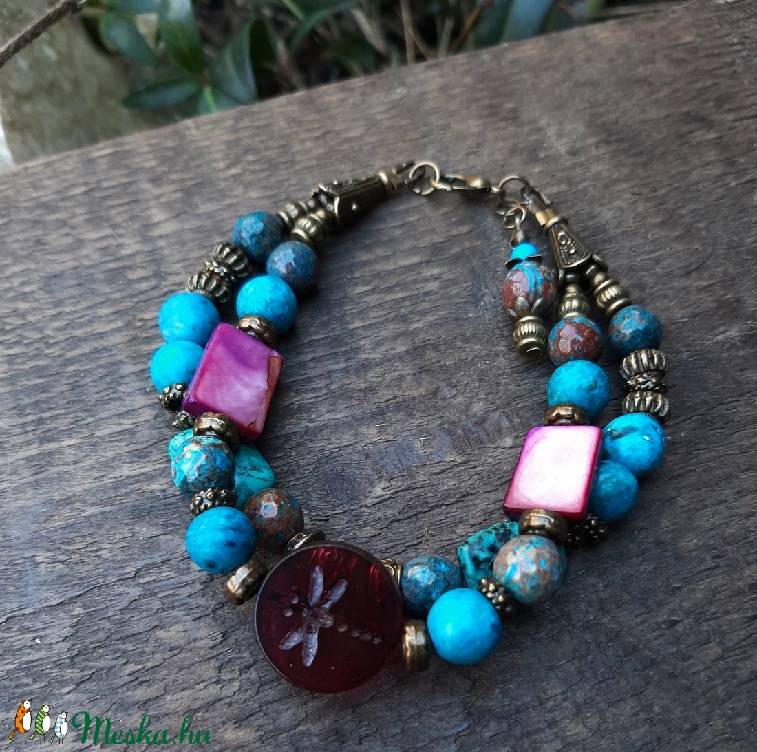 Lila-türkiz karkötő - ékszer - karkötő - gyöngyös karkötő - Meska.hu