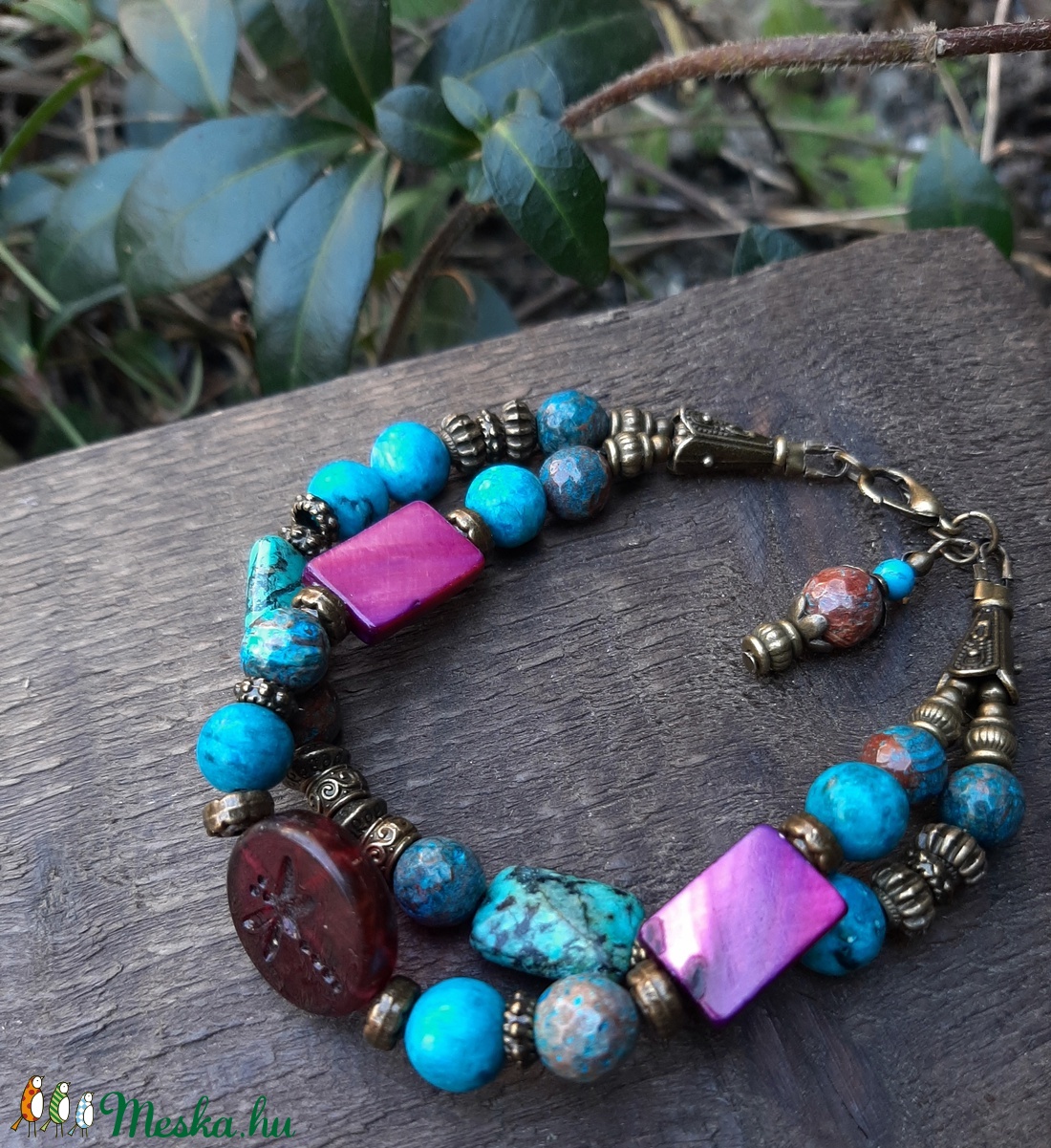 Lila-türkiz karkötő - ékszer - karkötő - gyöngyös karkötő - Meska.hu