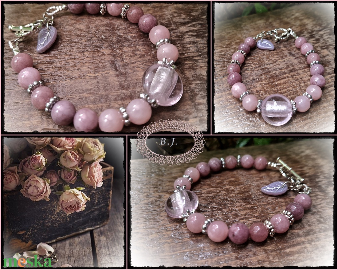 Halvány rózsaszín jade karkötő lámpagyönggyel - ékszer - karkötő - gyöngyös karkötő - Meska.hu