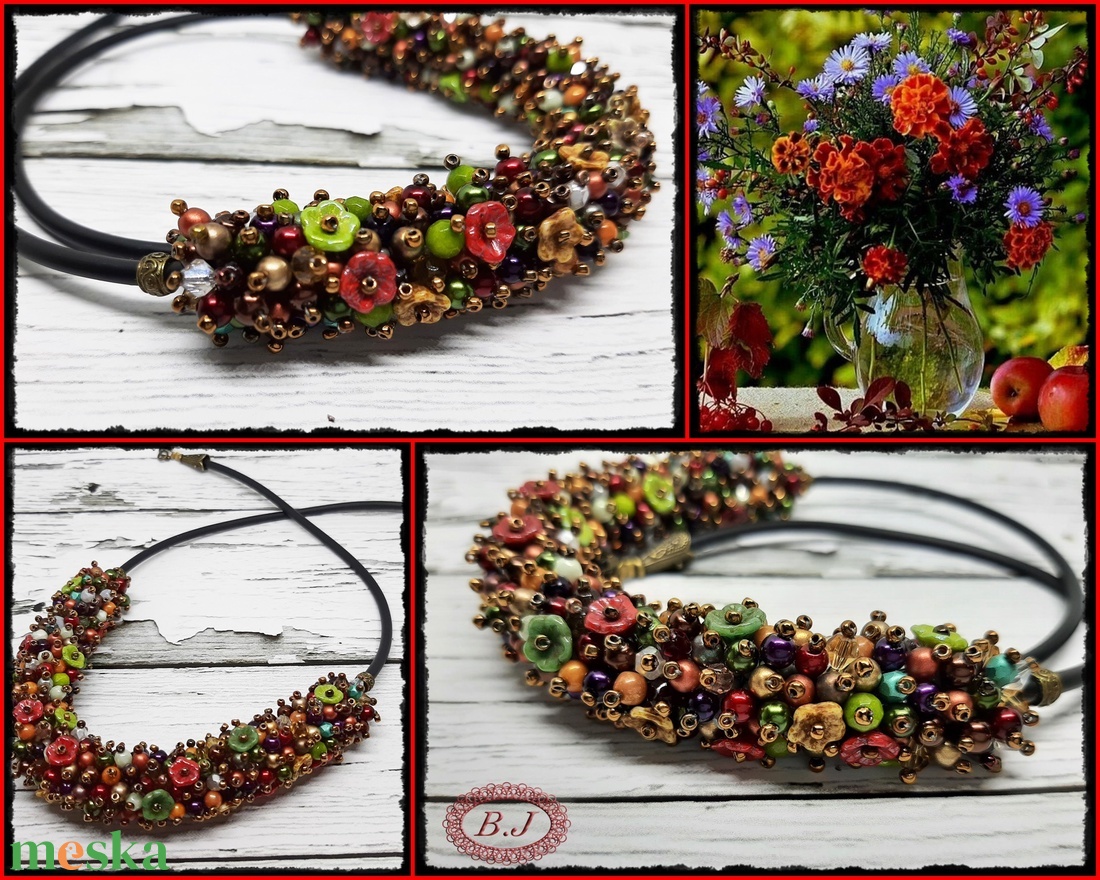 Szines, virágos, apró gyöngyös nyaklánc - ékszer - nyaklánc - statement nyaklánc - Meska.hu