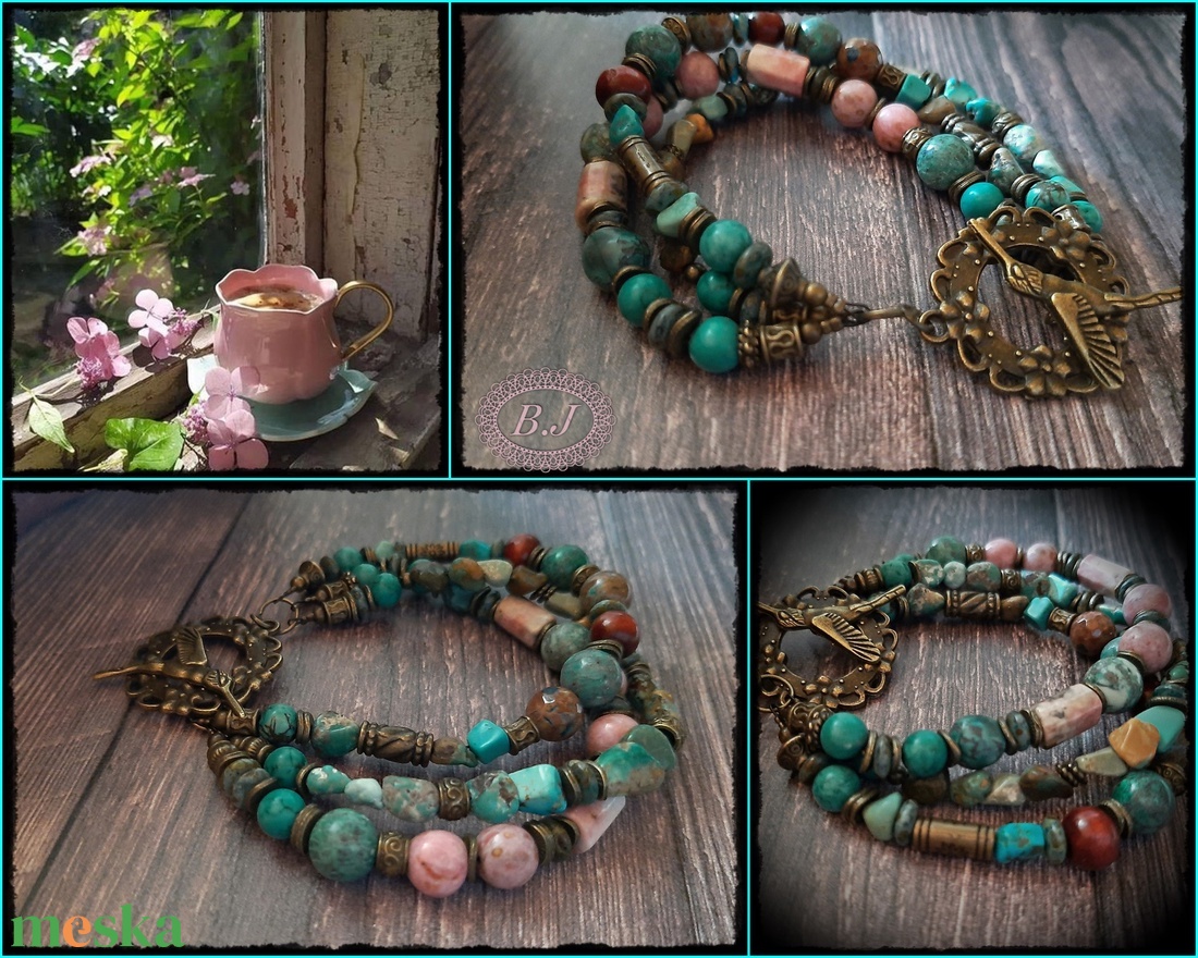 karkötő valódi türkiz, jáspis és rodokrozit gyöngyökkel - ékszer - karkötő - gyöngyös karkötő - Meska.hu