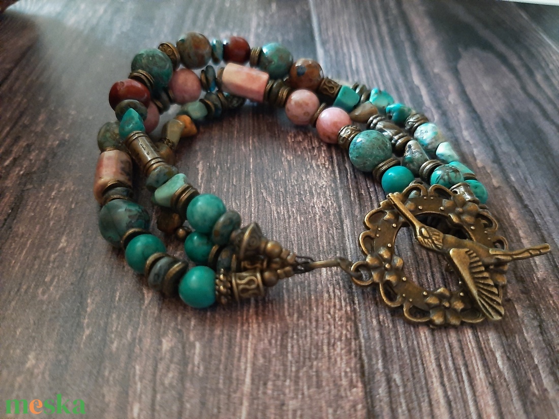 karkötő valódi türkiz, jáspis és rodokrozit gyöngyökkel - ékszer - karkötő - gyöngyös karkötő - Meska.hu