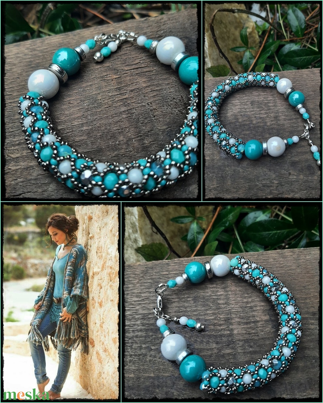 Türkiz és fehér - ékszer - karkötő - gyöngyös karkötő - Meska.hu